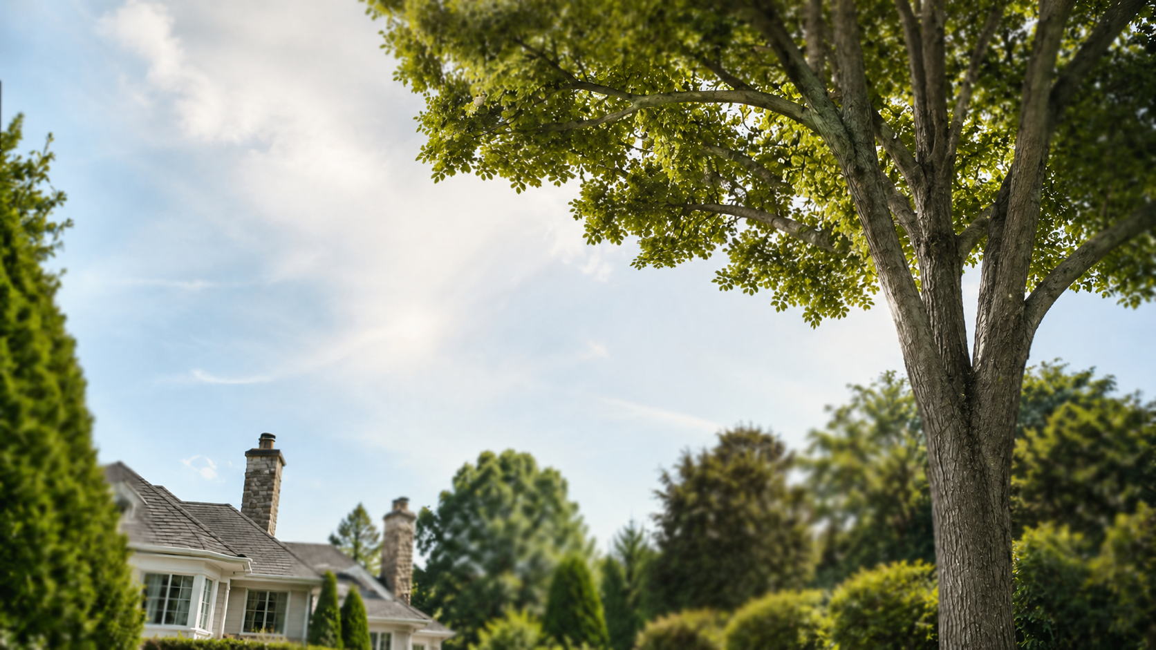 Mature tree and landscaped property served by Santos Tree Service
